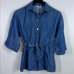 Zara chambray belted button down blouse size XS
